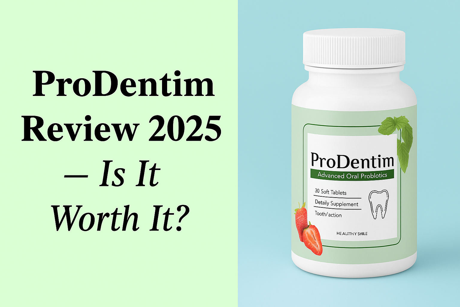 Featured image for ProDentim Review 2025 showing a ProDentim probiotic supplement bottle with fresh ingredients on a clean background.