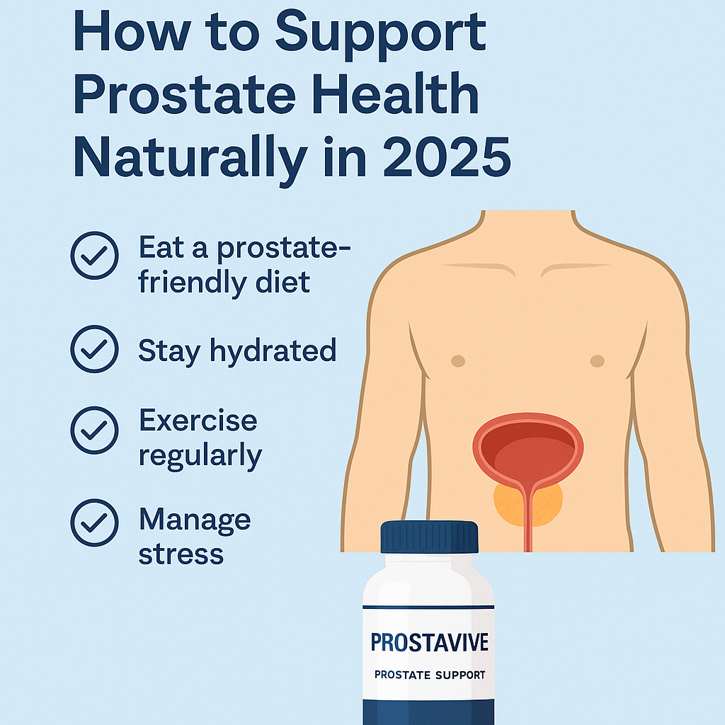 "How to Support Prostate Health Naturally in 2025 – infographic showing prostate health tips and Prostavive supplement bottle"