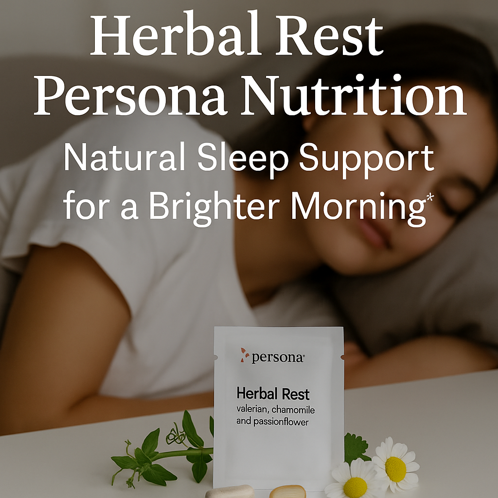 “Herbal Rest Persona Nutrition natural sleep support supplement with valerian, chamomile, and passionflower shown beside a peaceful woman sleeping.”