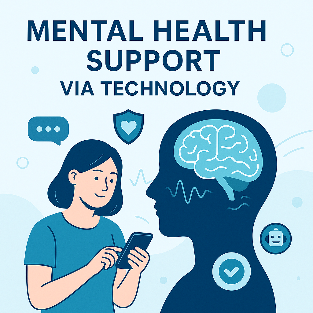 Mental Health Support via Technology illustration showing AI tools, digital therapy, and 24/7 access for reducing stigma and improving wellness