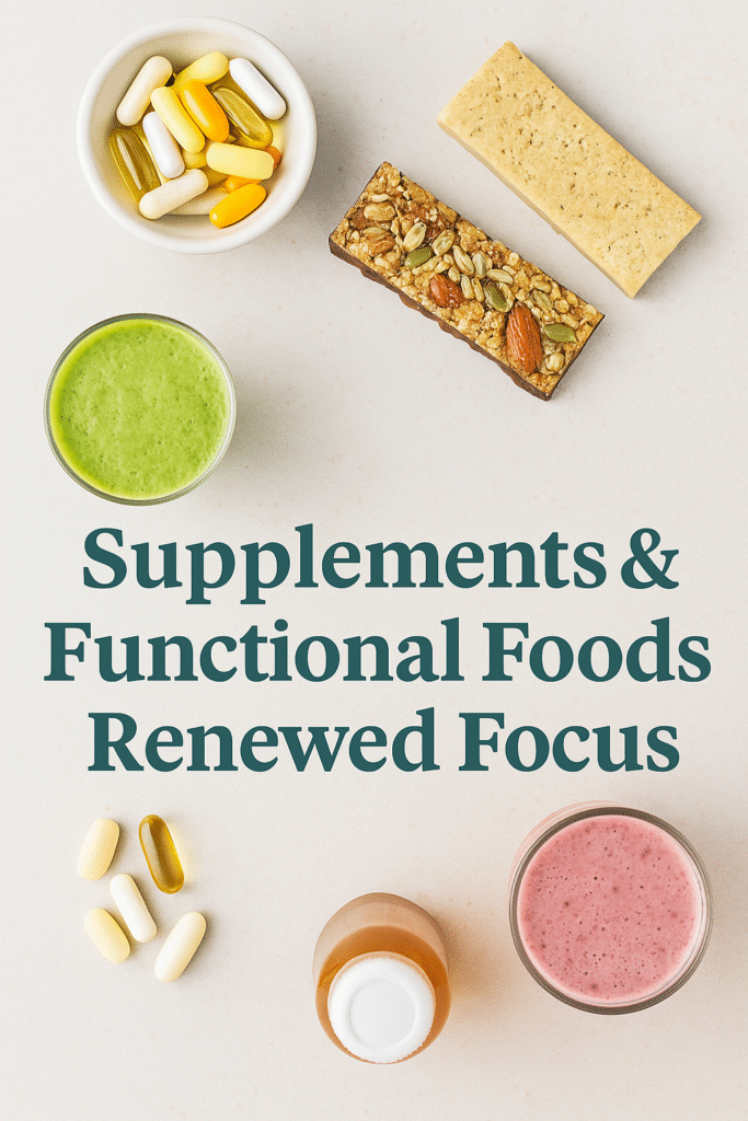Supplements & Functional Foods Renewed Focus 2025 flat lay showing vitamins, smoothies, protein bars, and functional nutrition drinks on a clean background
