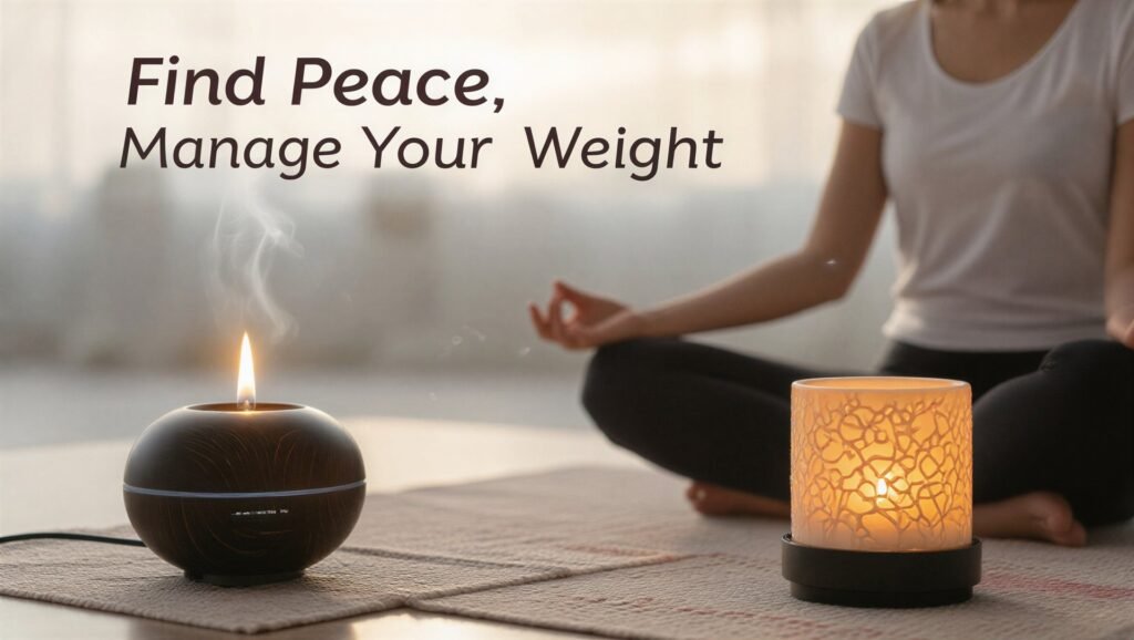 A woman in a white shirt sits in a peaceful, cross-legged meditation pose next to a dark electric diffuser and a glowing patterned oil warmer. The scene promotes finding peace and the use of a Flame Diffuser for Stress and Weight Gain as part of a calming routine.
