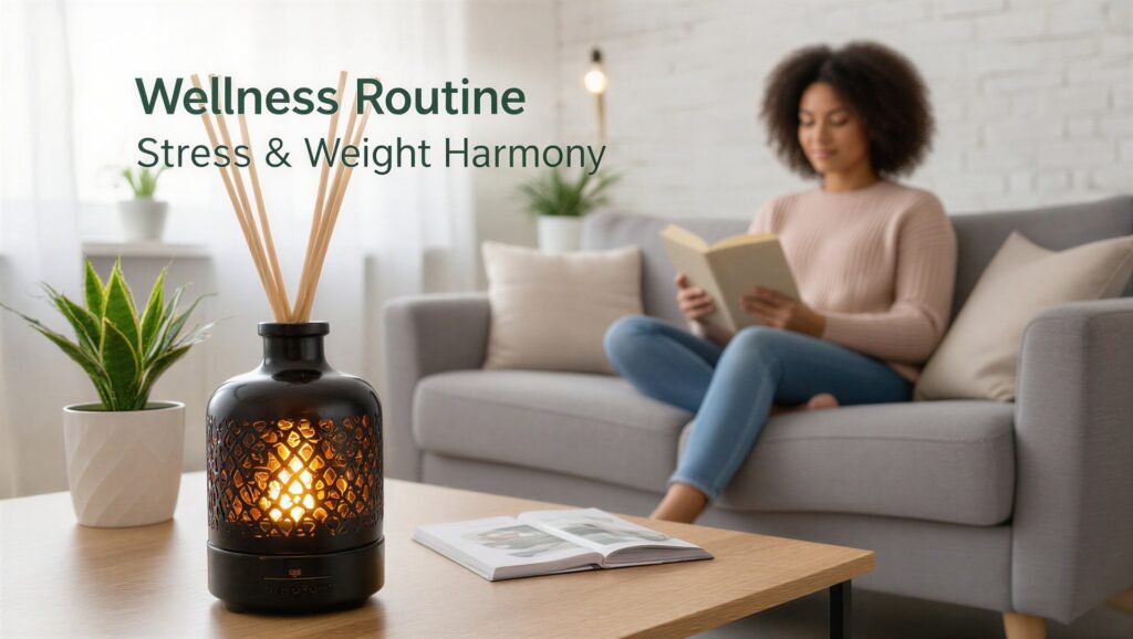 A wellness scene showing a black Flame Diffuser for Stress and Weight Gain glowing on a coffee table, with a woman relaxing and reading on a sofa in the soft background. The image promotes a routine of stress reduction and weight harmony.